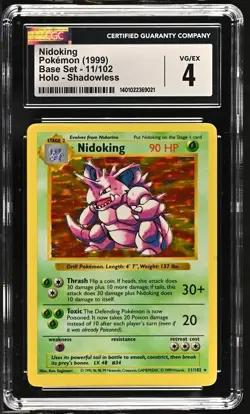 CGC 4 Nidoking 11/102 Base Set Shadowless Holo Rare Pokemon Card - Image 1