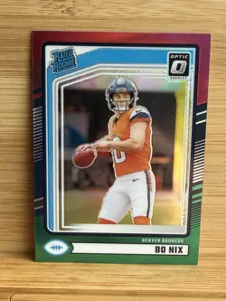 2024 Panini Donruss Bo Nix #369 Red Green Optic Preview Holo Prizm Rookie (RC) - Image 1