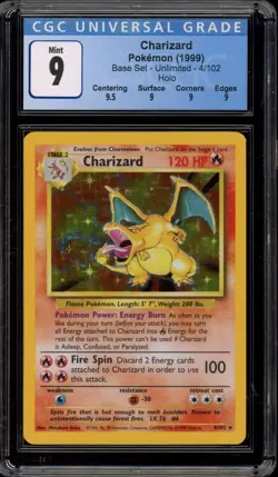 Pokemon Charizard Base Set Unlimited 4/102 Holo CGC 9 Mint - Image 1