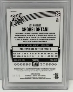2018 Panini Donruss Optic Shohei Ohtani Rated Rookie Black Holo /25 RC PSA 9 #56 - Image 4