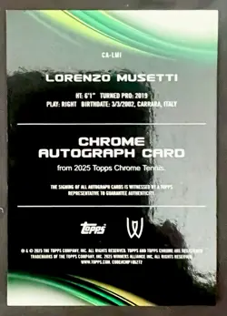 2025 Topps Chrome Sapphire Lorenzo Musetti Red Refractor Auto Autograph 2/5 SSP - Image 2