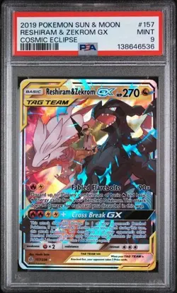 2019 Pokemon Sun & Moon Cosmic Eclipse 157/236 Reshiram & Zekrom GX PSA 9 - Image 1