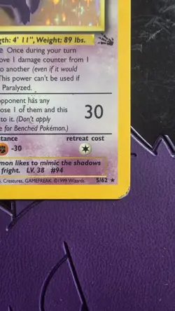 Pokemon Gengar TCG Fossil Holo Card 5/62 Unlimited Holo Rare (1999) - Image 5