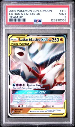 2019 POKEMON SUN & MOON TEAM UP #113 LATIAS & LATIOS GX PSA 9 - Image 1