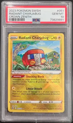 PSA 10 GEM MINT Radiant Charjabug 051/159 Crown Zenith HOLO Rare Pokemon Card - Image 1