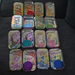 Pokemon Prismatic Evolutions 8x Official Empty Mini Tins Set Display & Coins and - Image 1