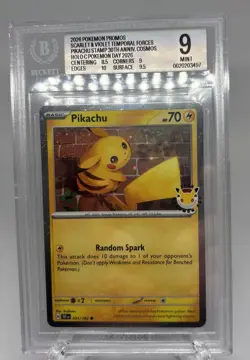 BGS 9-NEW LOGO- 30th Anniversary Pikachu Pokemon Day Stamp Promo Cosmo Holo - Image 1