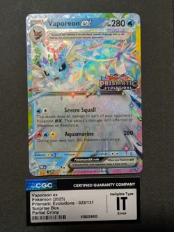 Pokemon Prismatic Evolutions Vaporeon EX Stamped 023/131 CGC Error Partial Crimp - Image 1
