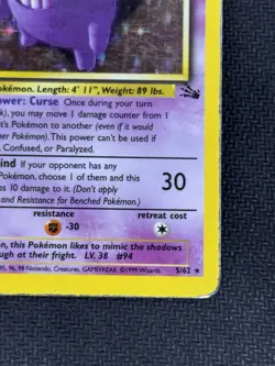 Pokemon TCG Gengar 5/62 Holo Fossil Rare Card Moderately Played - Image 4