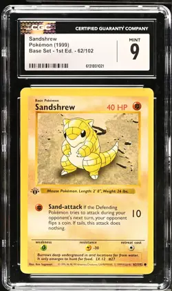 CGC 9 MINT Sandshrew 62/102 1st Edition Shadowless Base Set Pokemon Card - Image 1