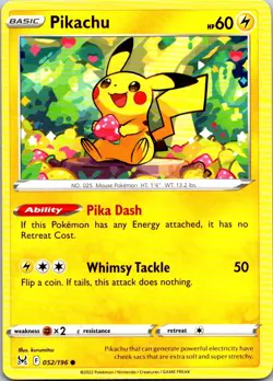 Pokemon Pikachu Normal Common SWSH11: Lost Origin 052/196 NM - Image 1