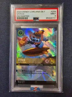 PSA 9 Stitch Carefree Surfer 206 Enchanted Disney Lorcana TCG Card 2023 - Image 1