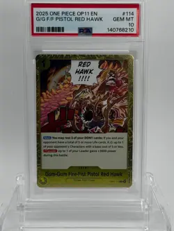 2025 One Piece OP11 Gum-Gum Red Hawk #114 PSA 10 Alternate Art Event - Image 1