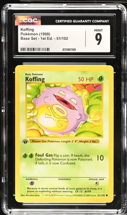 CGC 9 MINT Koffing 51/102 1st Edition Shadowless Base Set Pokemon Card - Image 1