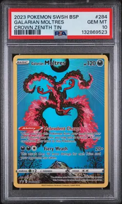 2023 POKEMON SWSH BLACK STAR PROMO CROWN ZENITH TIN #284 GALARIAN MOLTRES PSA 10 - Image 1