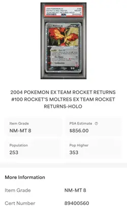 2004 POKEMON EX TEAM ROCKET RETURNS #100 ROCKET'S MOLTRES EX-HOLO PSA 8 - Image 2