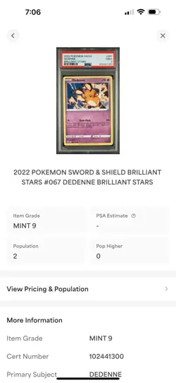 PSA 9 Mint 2022 POKEMON SWORD & SHIELD BRILLIANT STARS #067 DEDENNE - Image 3