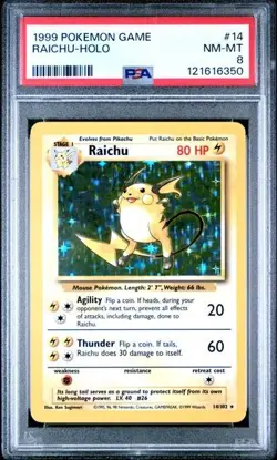 1999 POKEMON GAME #14 RAICHU-HOLO Base Set Unlimited PSA 8 - Image 1