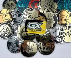 22 Pokemon Coins Lot Offical TCG Coin DUPLICATES JUMBOS REGULAR Size GX TAG TEAM - Image 1