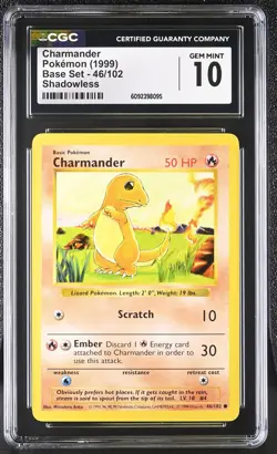CGC 10 GEM MINT Charmander 1999 Base Set 46/102 Shadowless Pokemon Card - Image 1