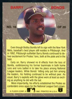 1992 Fleer Ultra Barry Bonds #16 All-Stars Pittsburgh Pirates Homerun King - Image 2