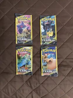 Pokemon Sun and Moon Team Up 3 Card Mini Booster Packs Complete Art Set Lot of 4 - Image 1