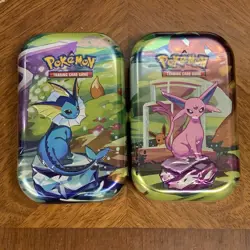 VAPOREON & Espeon Mini Tin Pokemon Prismatic Evolutions Scarlet & Violet TCG New - Image 1