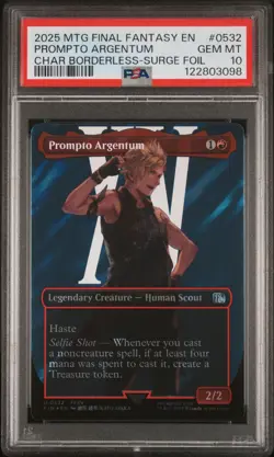 2025 MTG FINAL FANTASY CHARACTER BORDERLESS-SURGE FOIL PROMPTO ARGENTUM PSA 10 - Image 1