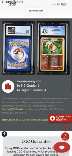 CGC 8.5 Arcanine 2009 Rising Rivals 1/111 Reverse Holo Pokemon Card POP9 - Image 3