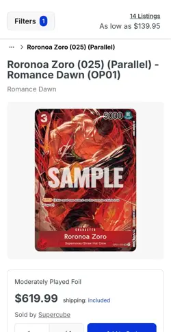 One Piece Roronoa Zoro L OP01-001 Parallel Card Game 25th Edition NM Condition - Image 4