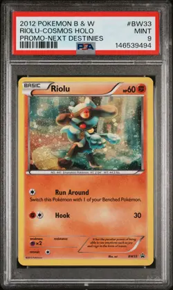 2012 POKEMON BLACK & WHITE PROMO COSMOS HOLO-NEXT DESTINIES #BW33 RIOLU PSA 9 - Image 1