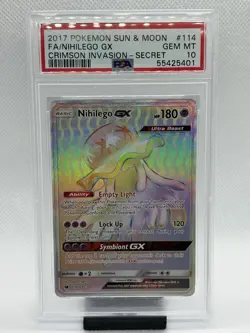PSA 10 Nihilego GX Rainbow 114/111 Sun & Moon Crimson Invasion Pokemon Card - Image 1