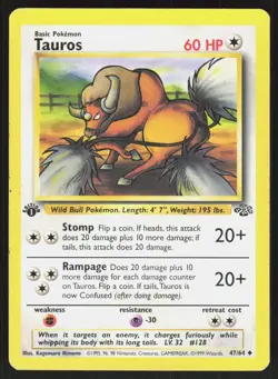 Tauros 47/64 Uncommon Jungle Pokemon 1st Edition LP 01-07-42 - Image 1