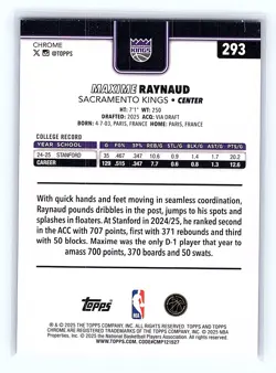 2025-26 Topps Chrome Basketball Maxime Raynaud RC Blue X-Fractor #293 Kings - Image 2