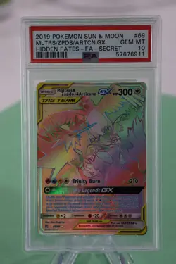2019 Pokemon Moltres Zapdos Articuno GX 69/68 Rainbow Secret Tag Team PSA 10 - Image 1