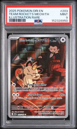 2025 POKEMON DRI EN-DESTINED RIVALS TEAM ROCKET'S MEOWTH 203 - PSA 9 - Image 1