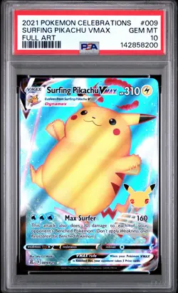 2021 POKEMON CELEBRATIONS #009 FULL ART/SURFING PIKACHU VMAX PSA 10 - Image 1