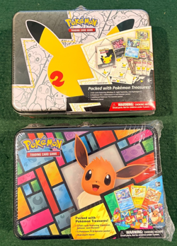 NEW Pokemon TCG Pikachu Celebrations & Eevee Treasure Chest Lunchbox Tin Lot (2) - Image 1