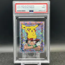 Ash & Pikachu S2 Prism Merlin Graded PSA 9 Pokemon Sticker - Image 1