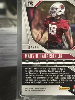 2024 Panini Prizm Marvin Harrison Jr. Blue Ice Prizm /99 #375 (RC) Cardinals - Image 3