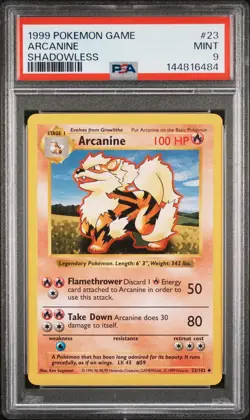 1999 POKEMON BASE SET SHADOWLESS #23 ARCANINE PSA 9 - Image 1