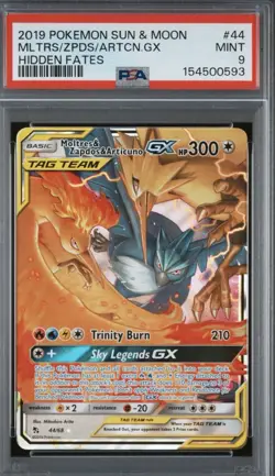 2019 Pokemon Hidden Fates Moltres Zapdos Articuno GX 44/68 PSA 9 Mint - Image 1