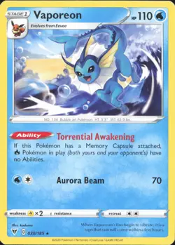 Vaporeon 030/185 Rare Vivid Voltage Pokemon Lightly Played - Image 1