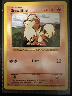 Pokemon Base Set 1 Growlithe 28/102 Shadowless Non Holo NM - Image 1