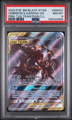 2020 POKEMON SM BLACK STAR PROMO #SM241 UMBREON & DARKRAI GX PSA 8 - Image 1