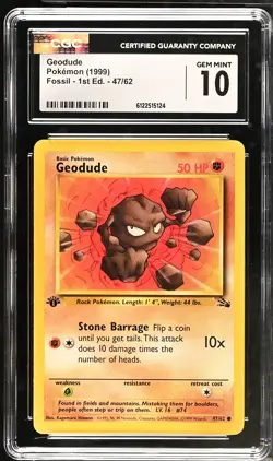 1999 POKEMON FOSSIL 1ST EDITION #47 GEODUDE CGC 10 - Image 1
