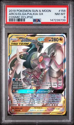 2019 POKEMON SUN & MOON COSMIC ECLIPSE #156 ARCEUS & DIALGA & PALKIA GX PSA 8 - Image 1