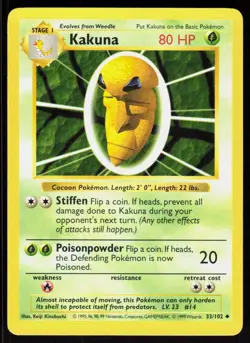 Kakuna 33/102 Uncommon Base Set Shadowless Pokemon Unlimited MP 01-01-61 - Image 1