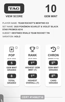 Team Rocket's Mewtwo EX Pokemon Black Star Promo #216 TAG 10 - Rank #1 (not PSA) - Image 3