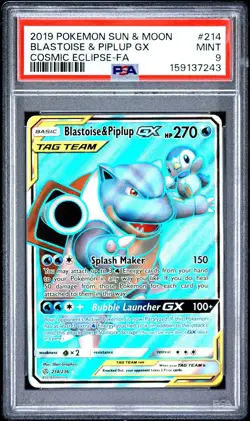 2019 Pokemon Sun & Moon Cosmic Eclipse Blastoise & Piplup GX -Fa PSA 9 #214 - Image 1